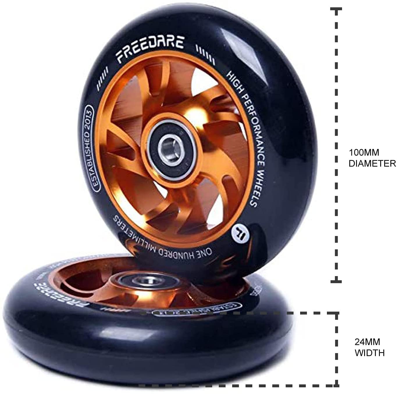 FREEDARE Pro Stunt Scooter Wheels 100mm, ABEC 7 Bearings, 89A Super Rebound PU Stunt Roller Wheels, 2 Pieces (Orange)