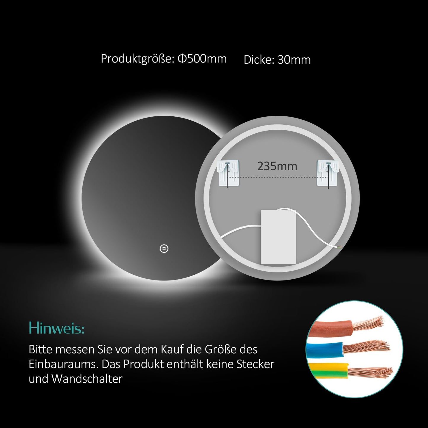 EMKE bathroom mirror with lighting, 50cm diameter round illuminated mirror with dimmable cool white light, memory function, touch switch, energy-saving IP44 backlit bathroom mirror
