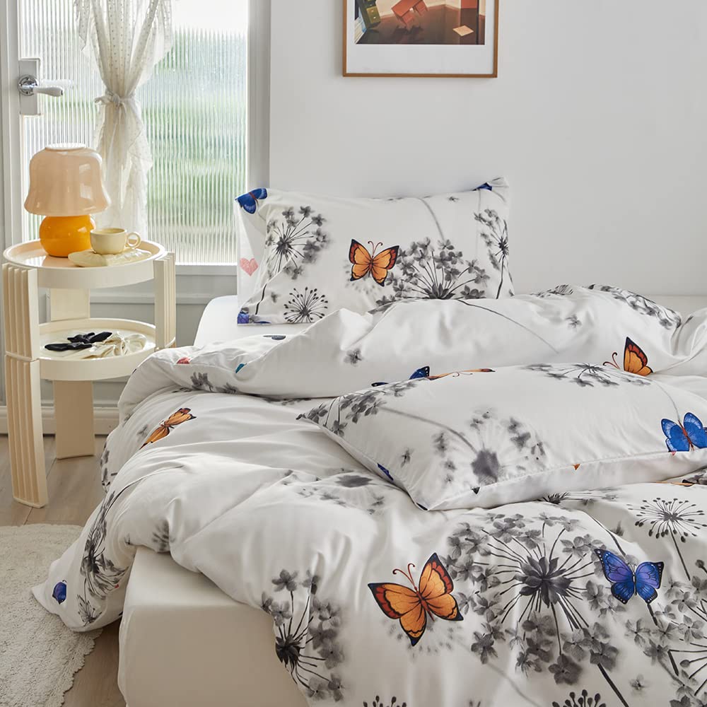 Luofanfei dandelion bedding set 155x220cm with dandelion flowers, butterflies, blue, yellow, grey, and white colors. Made of microfiber with plant leaf pattern. Includes 1 duvet cover and 2 pillowcases 80x80cm with zipper.