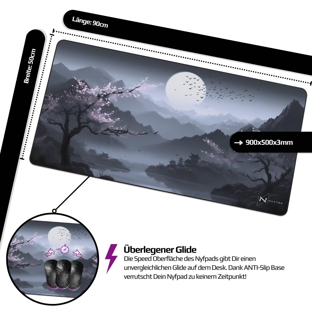 Nyfter - Premium Sakura V3 Gaming Mousepad XXL, 900x500mm, wave-free with extra stitched edges.