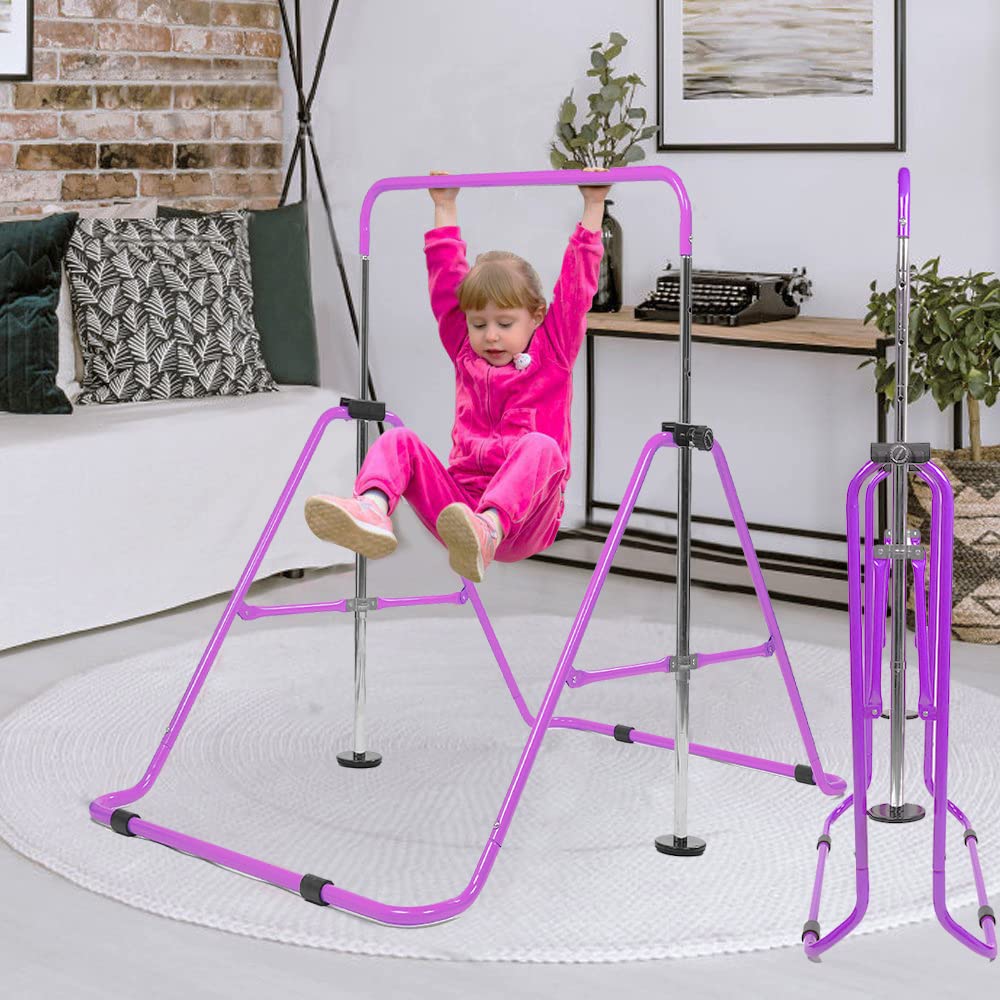 FINGER TEN Kids Gymnastics Bar, Horizontal Kip Bar Foldable Gymnastics Training Equipment 4 Heights Adjustable Horizontal Bars, Gymnastics Bar for Indoor Outdoor Home (Purple)