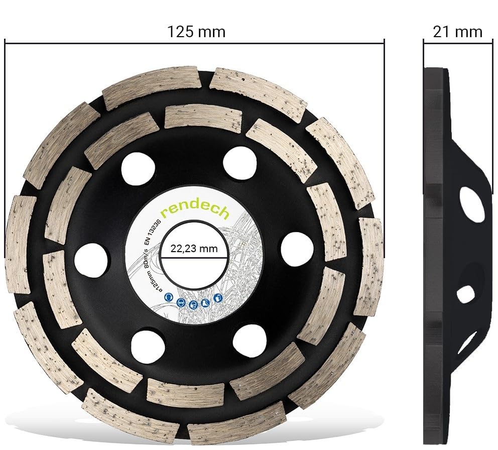 2x Professional Diamond Grinding Cup Wheel 125mm for concrete, stone, tile adhesive, and more. - Concrete Grinding Disc 125mm for angle grinder | rendech® brand quality