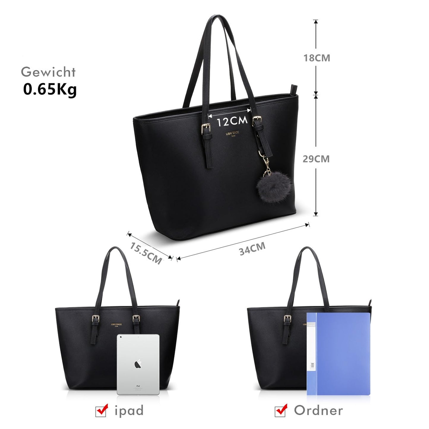 LI&HI Women's Handbag Elegant Shopper for School Black with Pom Pom 34 x 29 x 15.5 cm