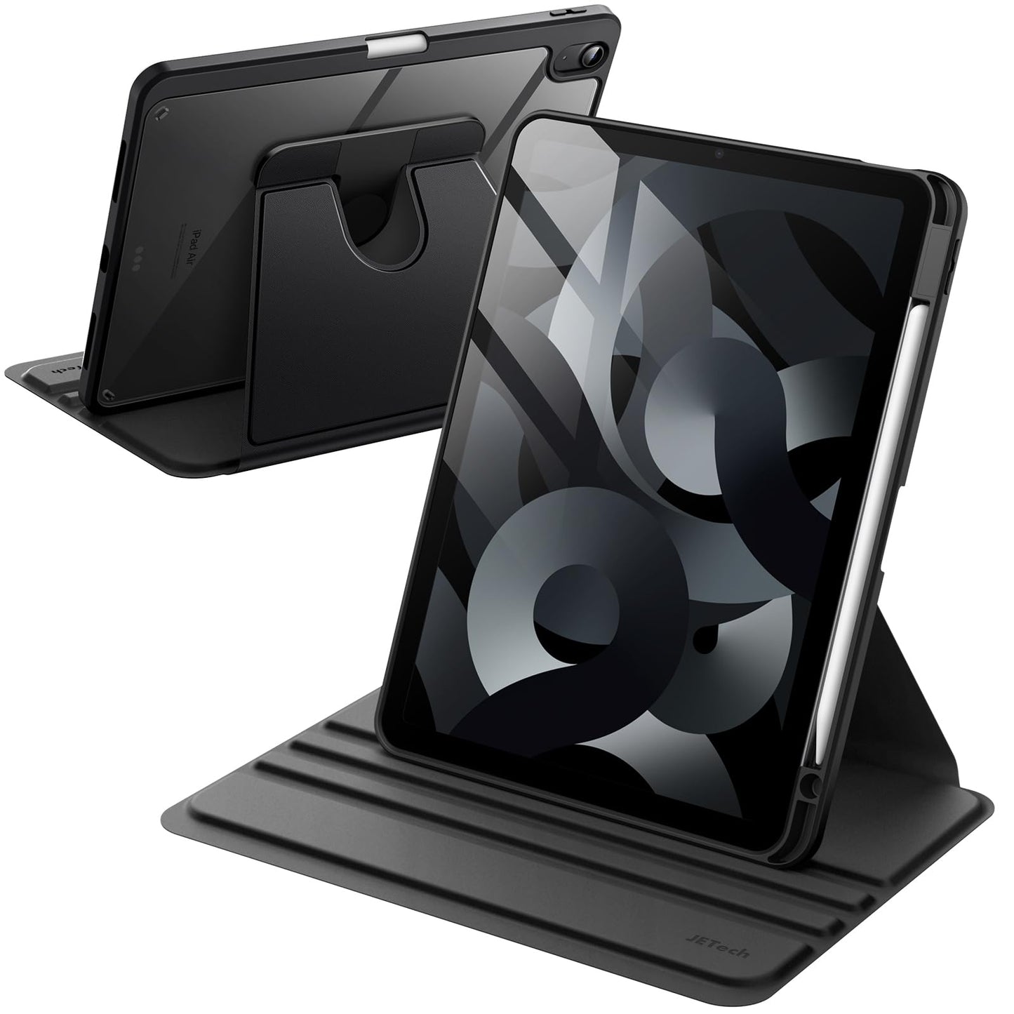 Jetech Rotating Case for iPad Air 5/4 (2022/2020 5th/4th Generation 10.9 Inch) with Pencil Holder, 360 Degree Rotatable Protective Case Stand Transparent Back, Auto Wake/Sleep (Black)