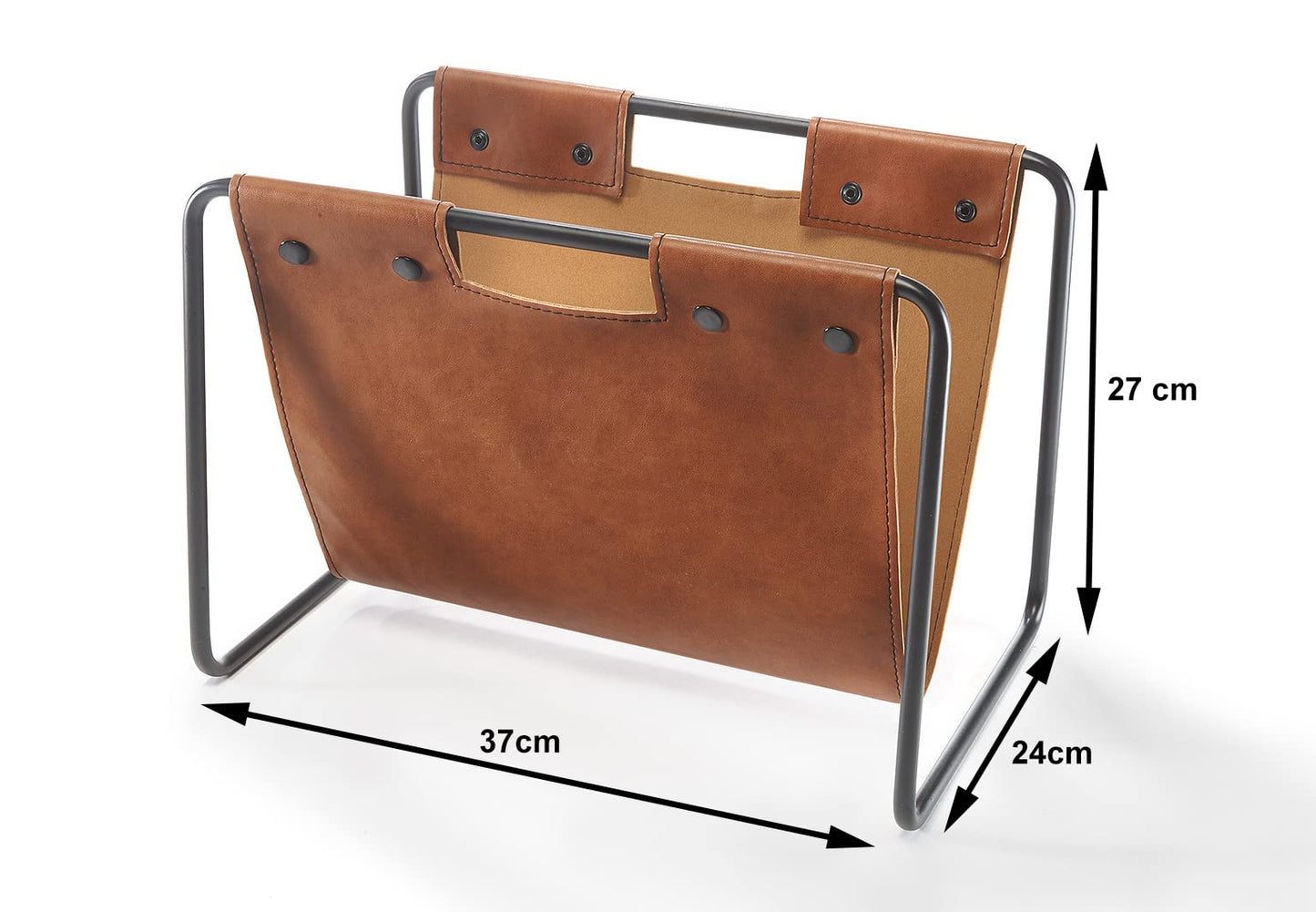 Kobolo newspaper rack, 37x24x27 cm, brown, faux leather & metal, modern magazine holder in an industrial look, organizer for newspapers, magazines & books, decorative and functional.