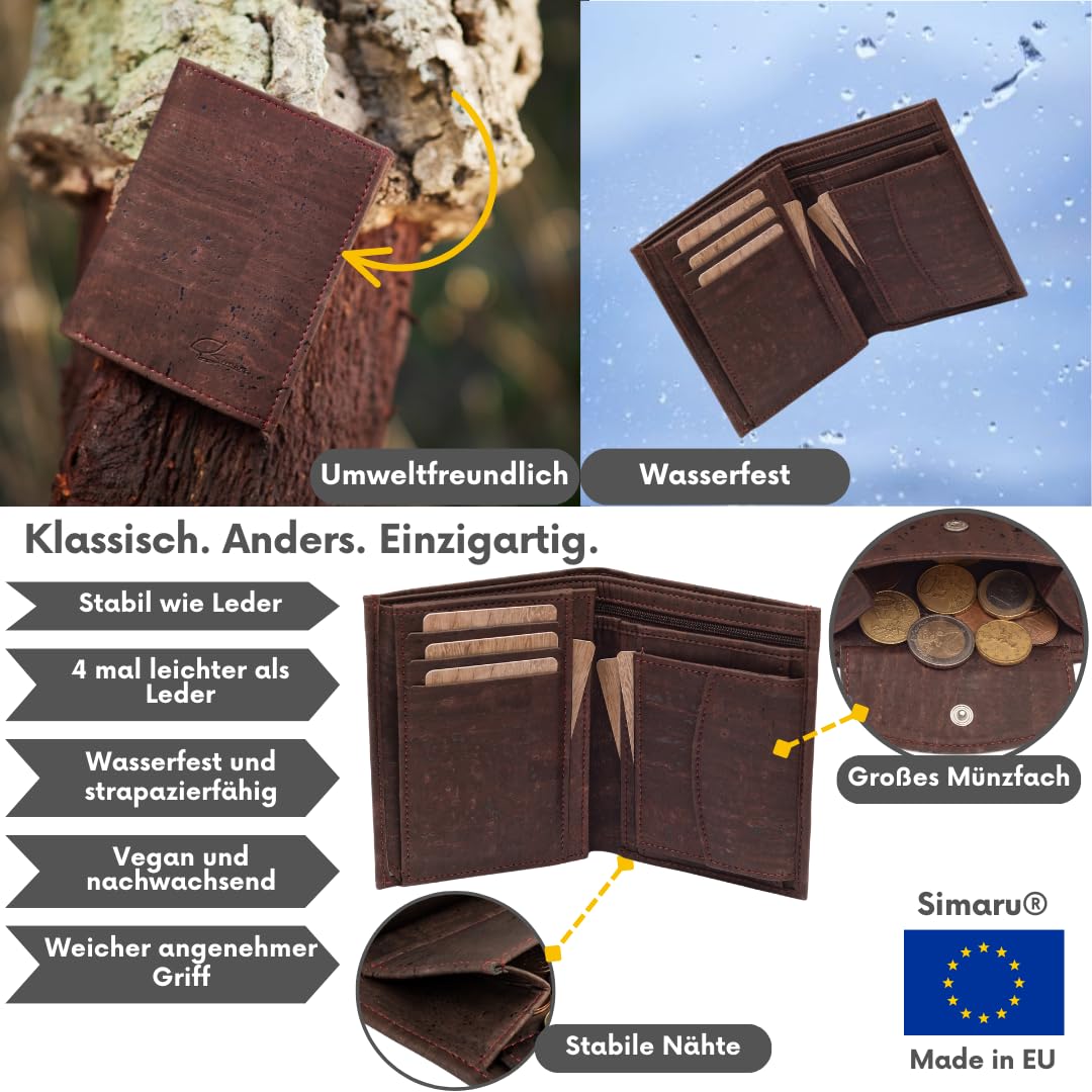 Simaru cork wallet with RFID protection, vegan purse for women & men, holds 10+ cards, bills & coins.