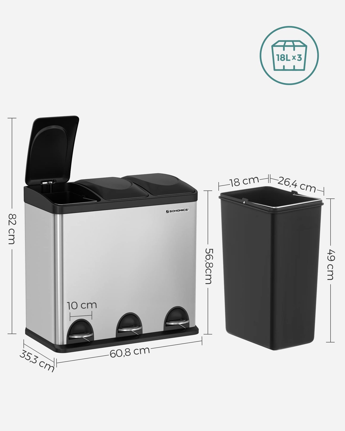 SONGMICS Kitchen Trash Can, Garbage Bin, Step Can with 3 compartments, inner bins and 6 stickers for waste separation, waste separation system, Silver-Black, 60.4 x 30 x 56.3 cm (L x W x H)