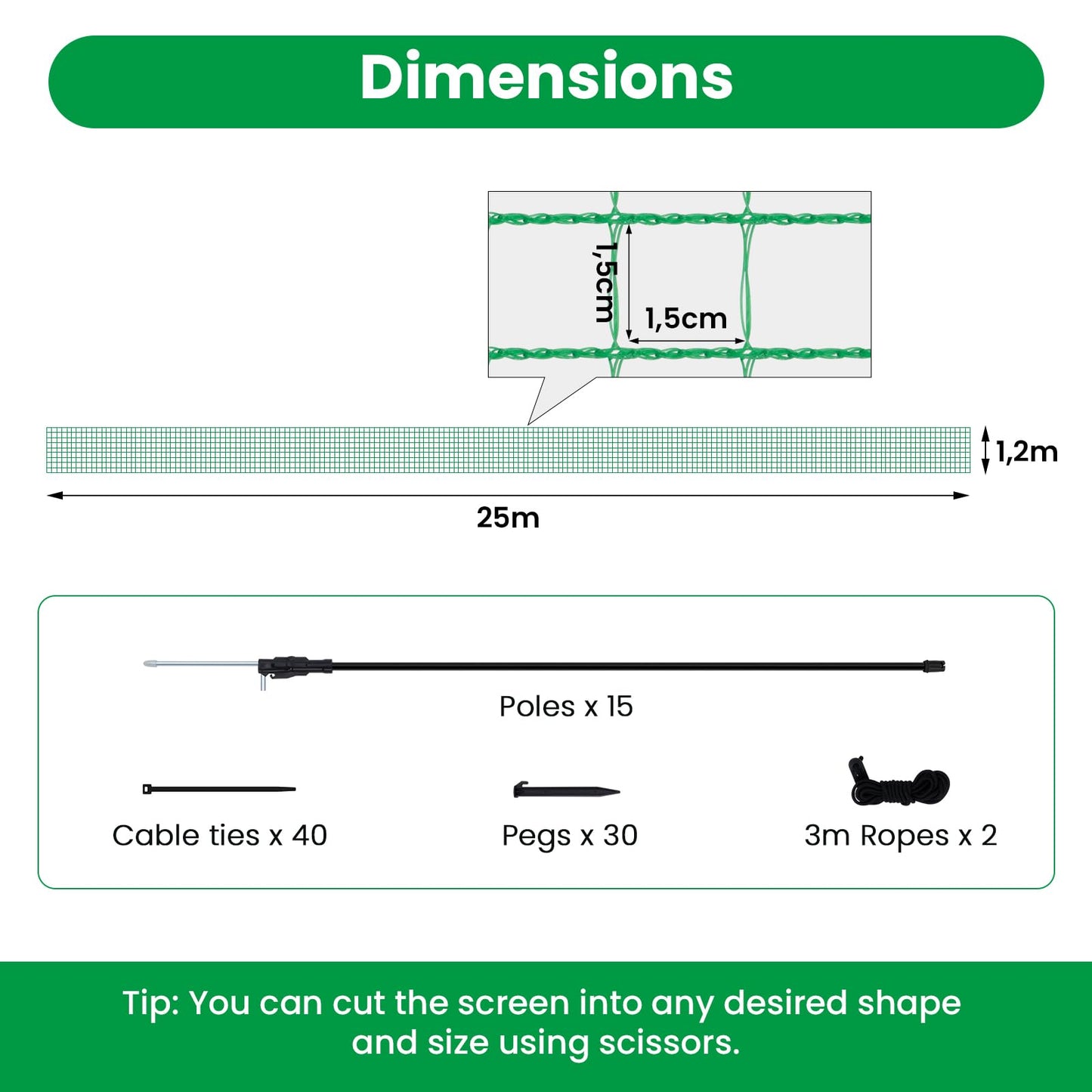 WOLTU Poultry Net, Mobile Fence 25x1.2m close-meshed, Dog Fence Garden Fence Post Fence Camping Fence Barrier Fence, with 15 stakes winch ropes ground nails cable ties, Green