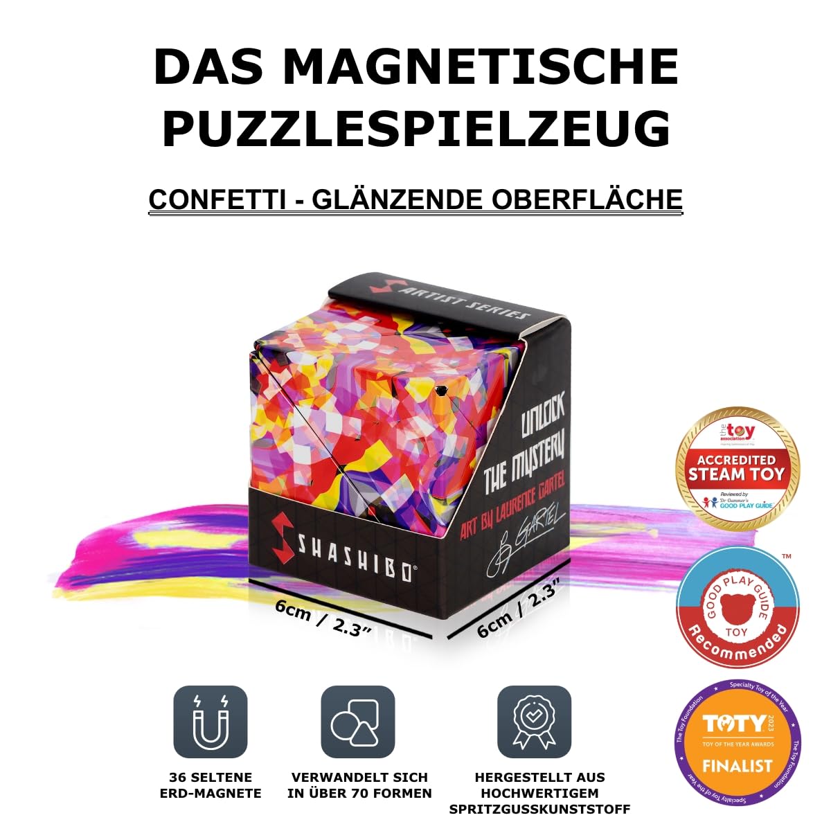 SHASHIBO Shape Shifting Box - Award-winning, patented fidget cube with 36 rare earth magnets - transforms into over 70 shapes (Confetti)