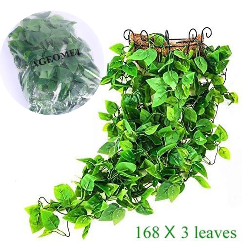 Ageomet Artificial Hanging Plants, 1.1m, artificial ivy, artificial hanging plants, kitchen plants for wall, home, room, indoor and outdoor, set of 3.