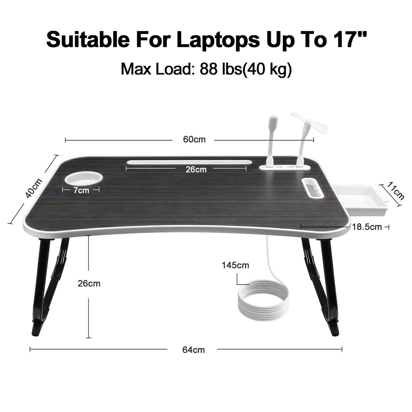 AirOpen laptop table for bed, foldable bed table with 4 USB charging ports, drawer, tablet stand, cup holder, carrying handle, laptop desk for bed, sofa, couch, floor (60 x 40 cm, black)