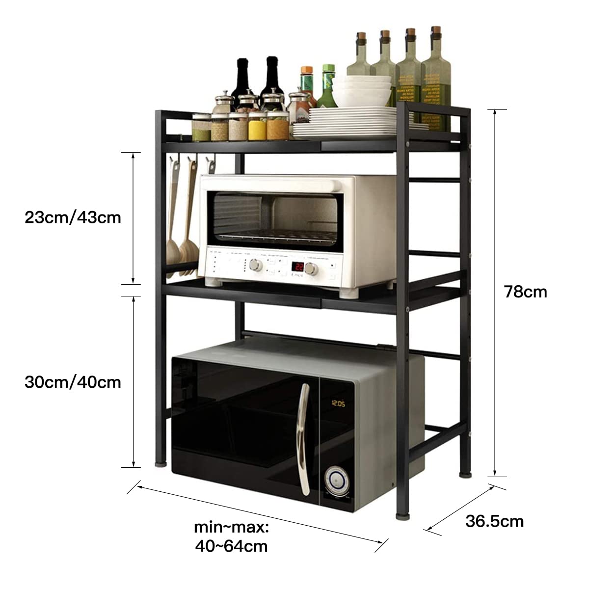 Pull-Out Microwave Shelf, Kitchen Shelf Holder, Microwave, Extendable, with 3 Levels, Made of Carbon Steel, with 3 Hooks (3 Levels, Black)