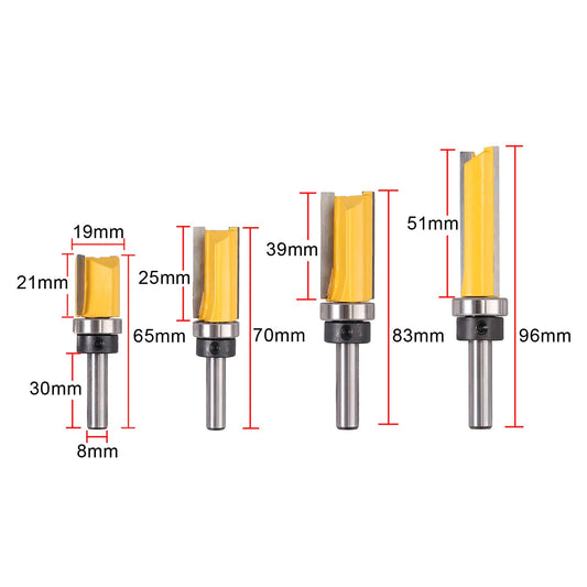 AUTOUTLET 4pcs Flush Trim Router Bit Set with 8mm Shank, Copy Router Bit Top Cutter Slot Cutter Rod Cutter, made of steel, wood cutter professional router woodworking cutting tool