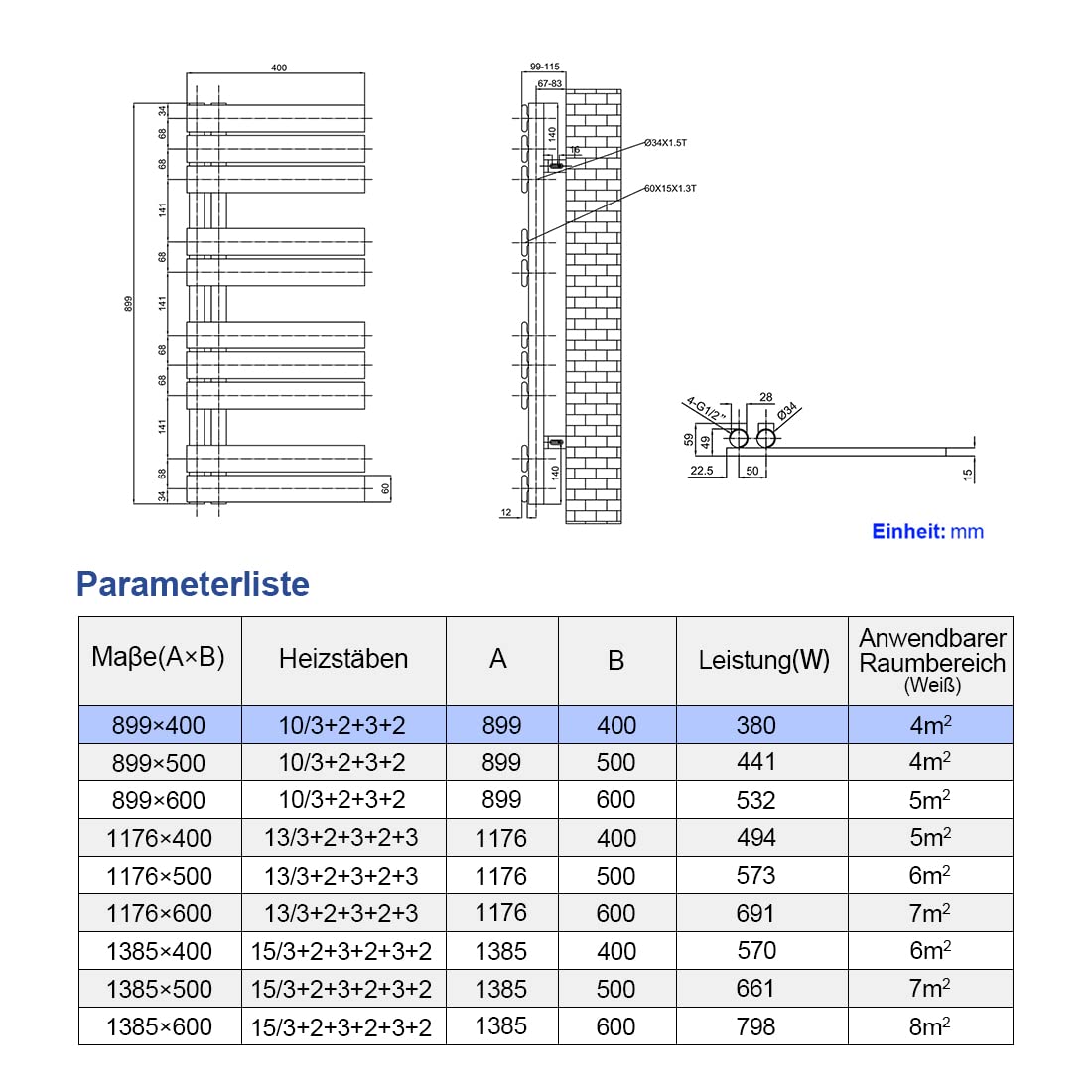Meykoers towel radiator Flat 89x40cm Bathroom radiator Panel White Towel warmer Side connection Design radiator