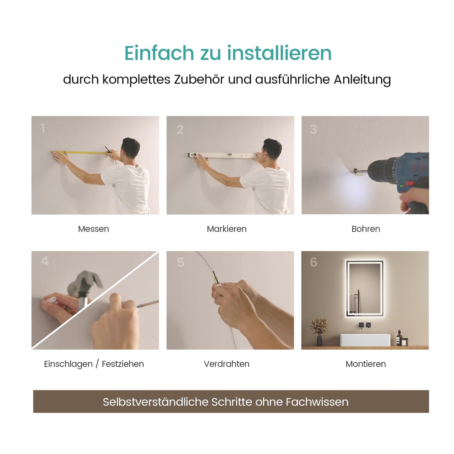 EMKE LED bathroom mirror with lighting 40x60cm. Anti-fog, cold and warm white light options. High-quality aluminum frame with IP44 rating. Energy-efficient with touch button switch.