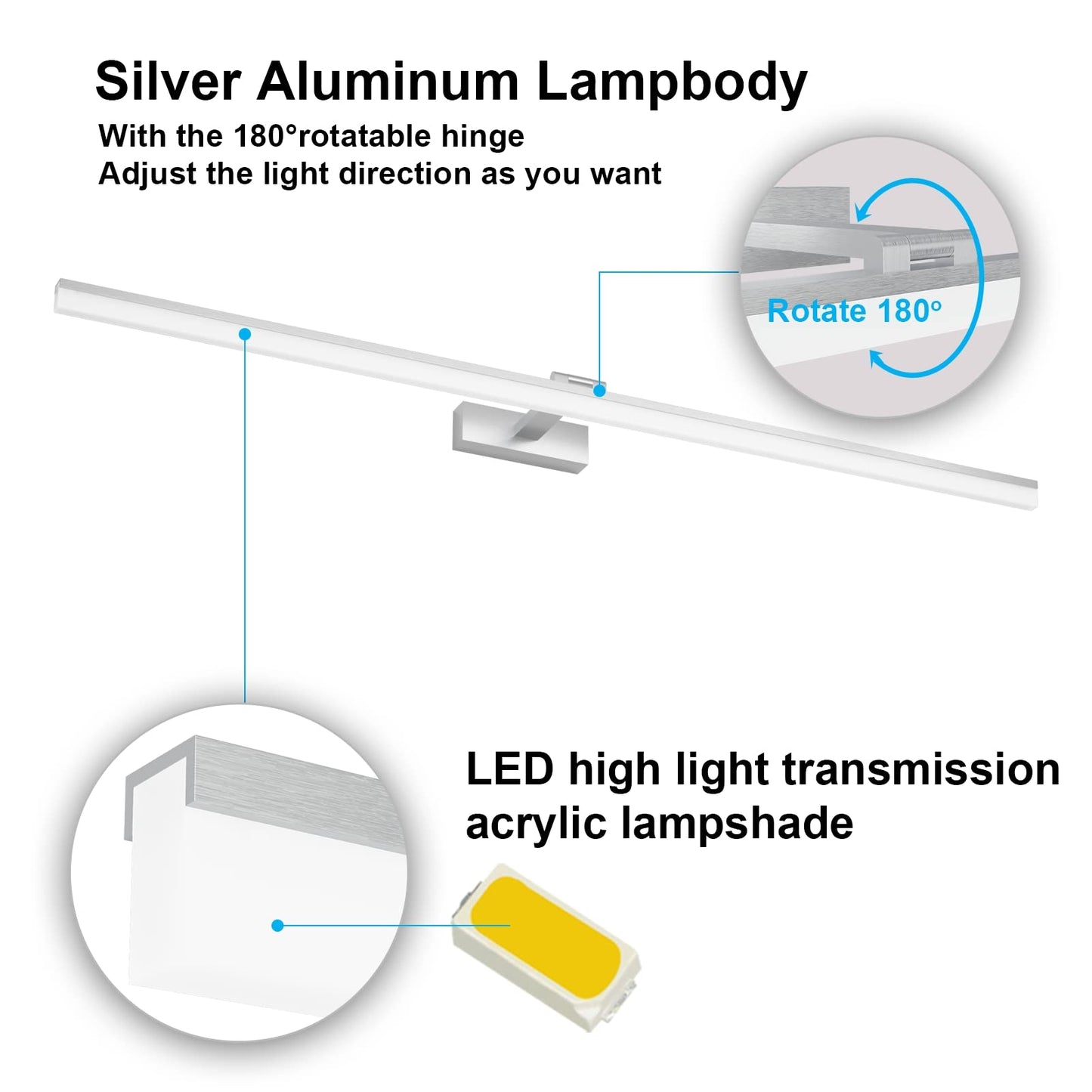 Klighten LED Mirror Light Bathroom 32W 1820LM Cool White 6000K, 180° Rotation, IP44 Waterproof Mirror Lamp Bathroom, Non-dimmable Bathroom Light Wall Lighting 120CM (Silver)