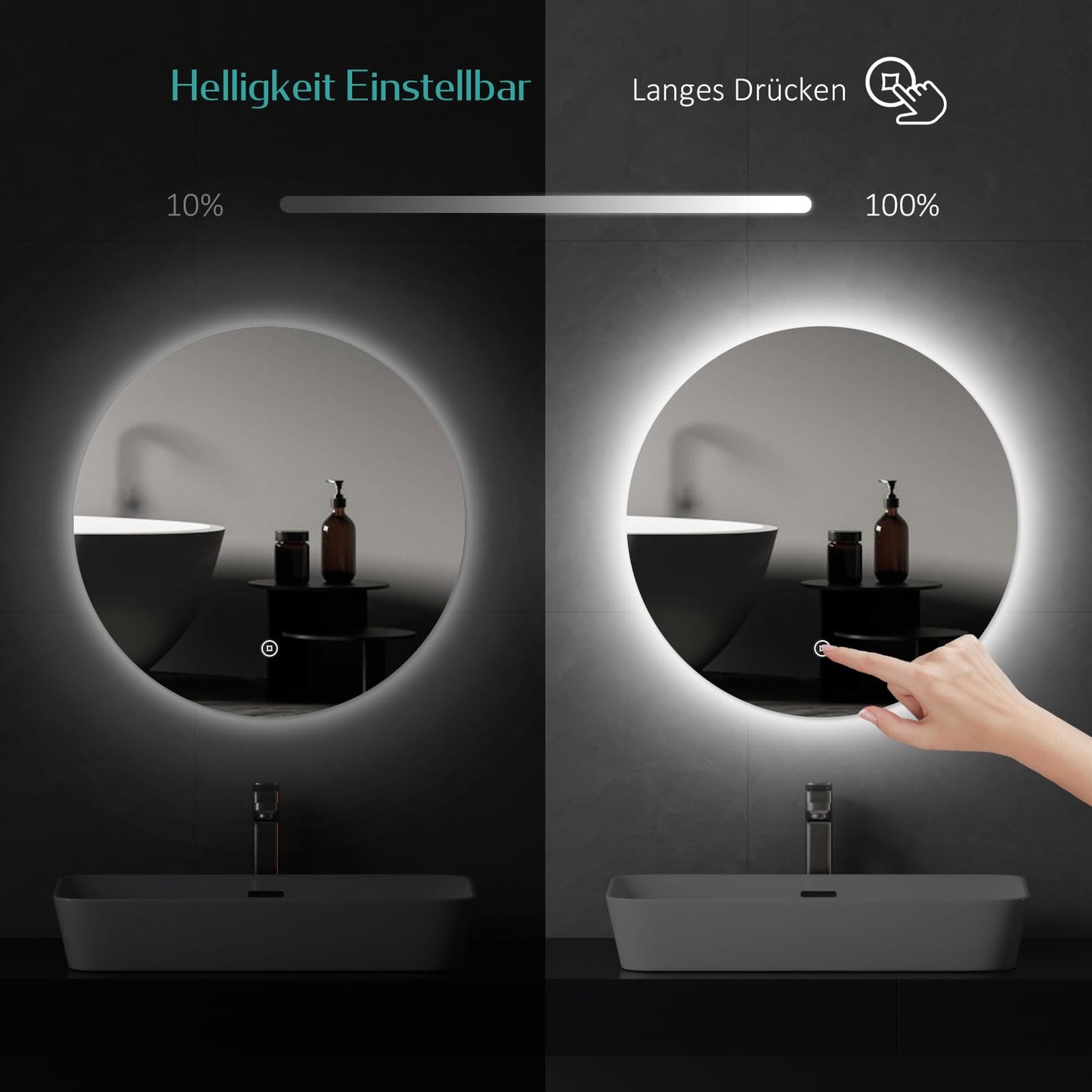 EMKE LED Bathroom Mirror with Lighting, 60cm diameter, dimmable cool white light 6500K, storage function, touch switch, energy-saving IP44 rated.