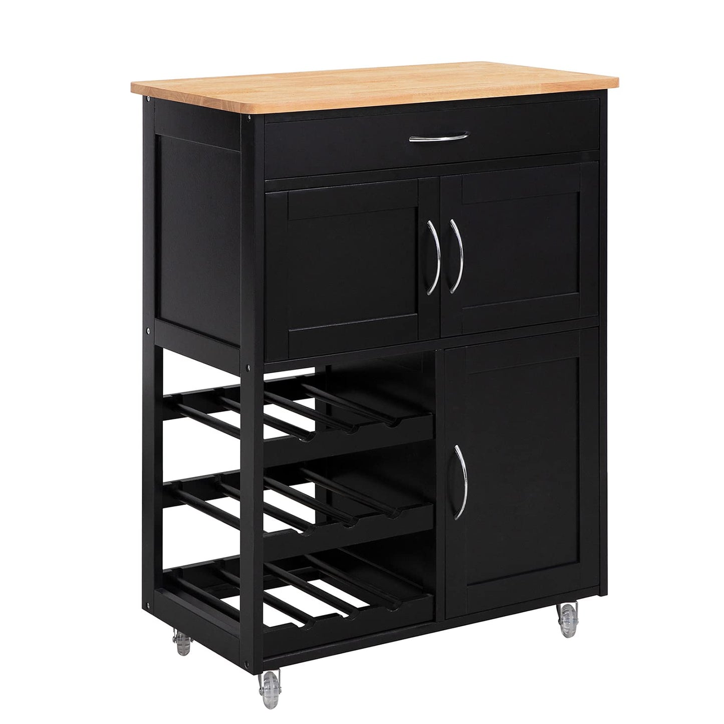 SoBuy kitchen trolley with wheels, kitchen cart with worktop, rolling cart with drawers, wine rack, kitchen island, standing kitchen shelf furniture for kitchen, dining room, and outdoor. Black 67x86x38cm FKW45-SCH.