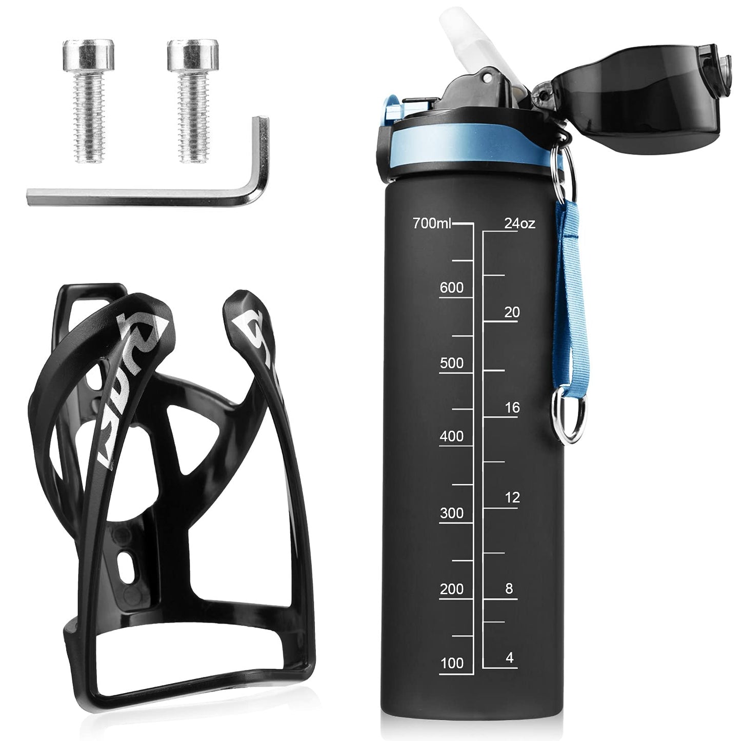 Capsule Bottle Holder Bike Set, Bike Drink Holder with 610ml 700ml 750ml Water Bottle, Screws, Lightweight Strong Bottle Holder for MTB, Road Bike (Black, 700ml-black)
