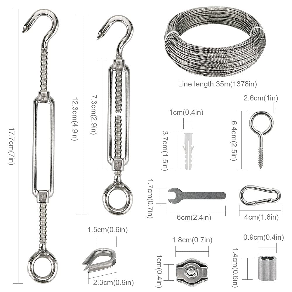 Stainless steel wire rope set with 60pcs, 35m/2mm steel rope for trellis with M5 turnbuckle, eye screw, wire rope clamps, aluminum rope clamps.