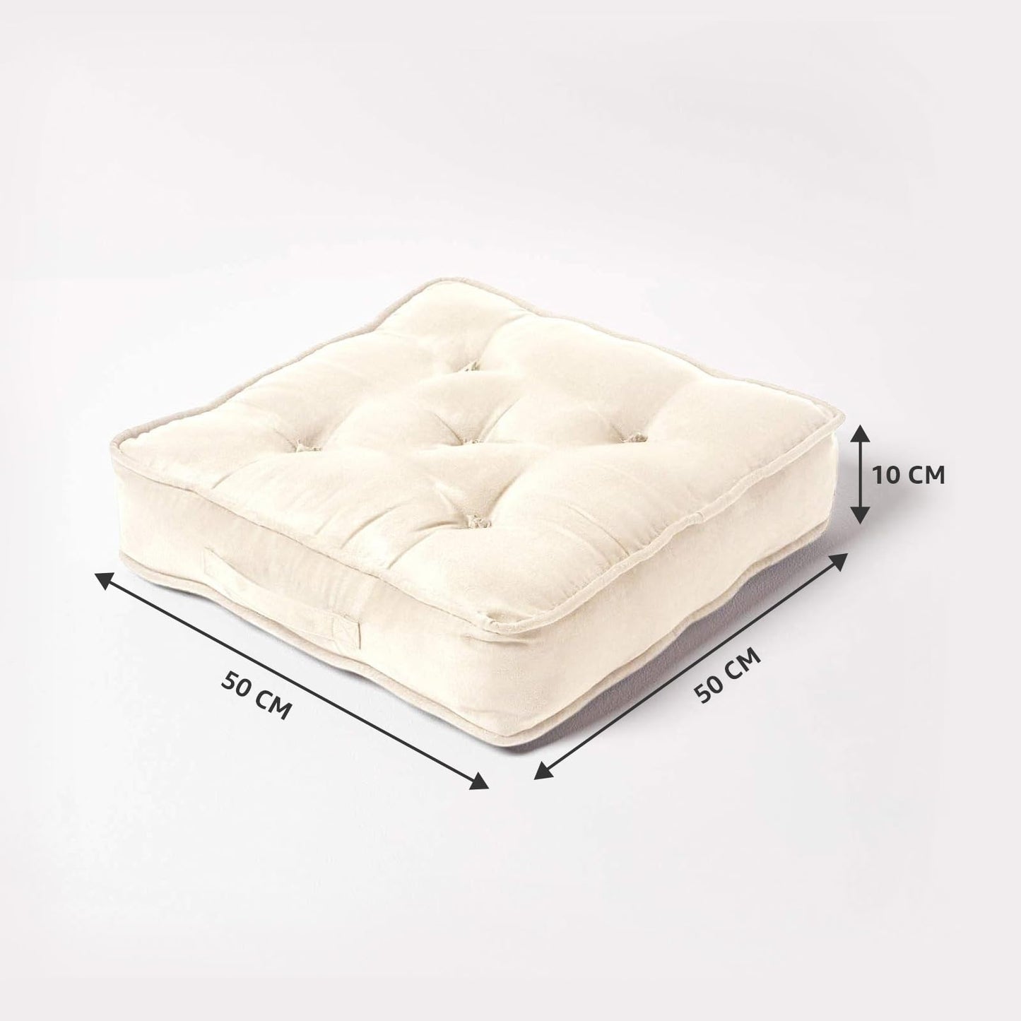 Homescapes Thick Seat Cushion 50x50 cm Cream, 10 cm high chair pad/seat booster with velour cover, solid floor cushion with carrying handle