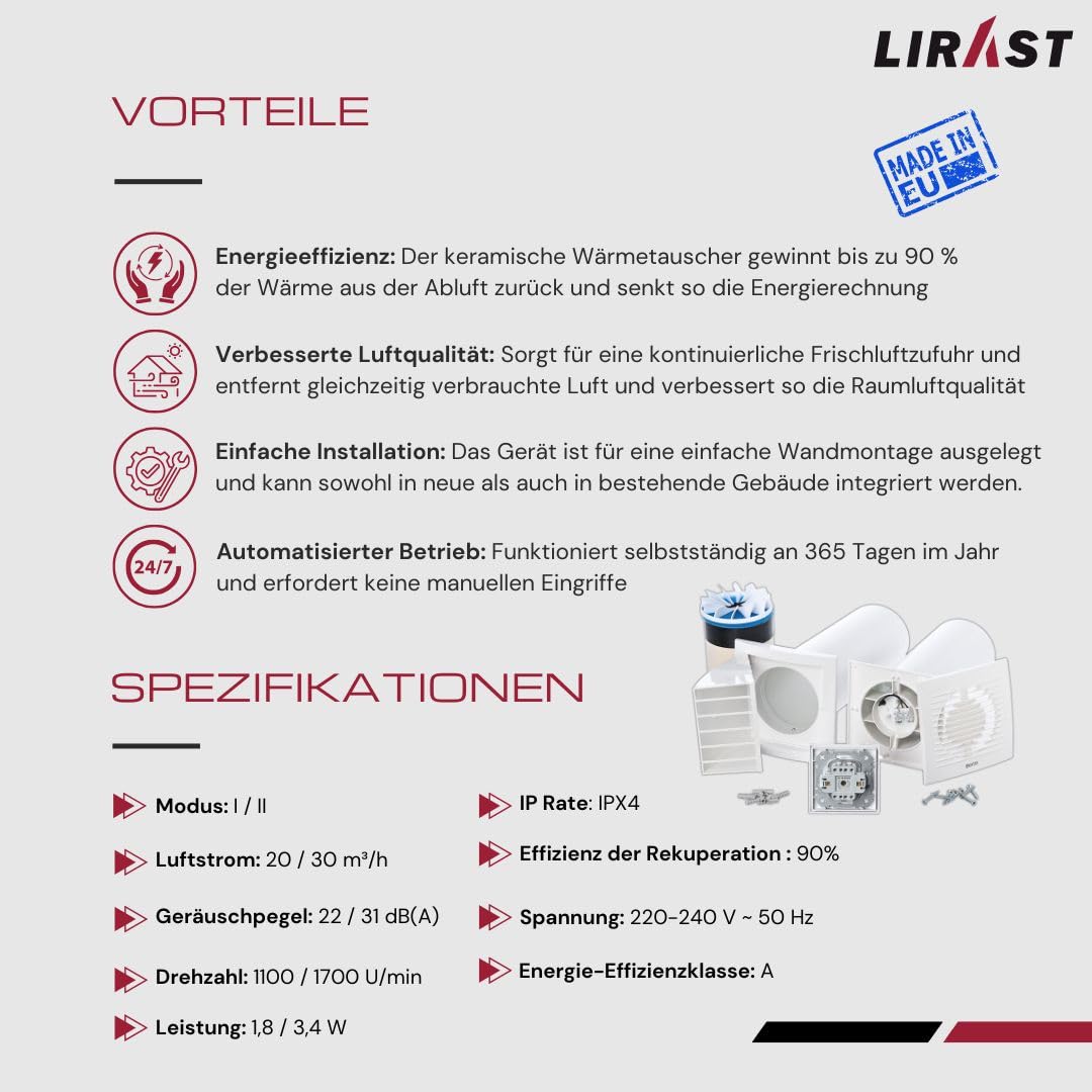 LIRAST 125mm Decentralized Ventilation System with Heat Recovery - Wall Fan with Switch - Ventilation with Heat Recovery - Recuperator with Ceramic Heat Exchanger - Air Exchanger Residential Ventilation