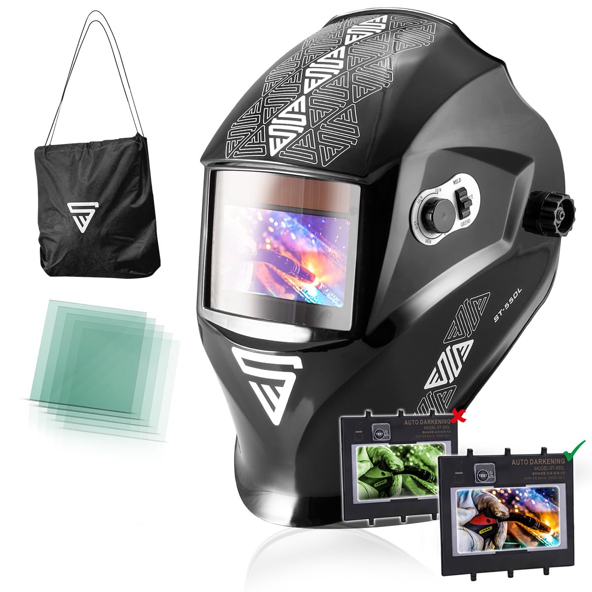 Steel Factory Automatic Welding Helmet 3 in 1 ST-550L - Welding helmet with Real Colour, automatic darkening DIN 5-13, optical class 1/1/1/1, viewing area 98 x 55 mm, includes 5 replacement lenses.