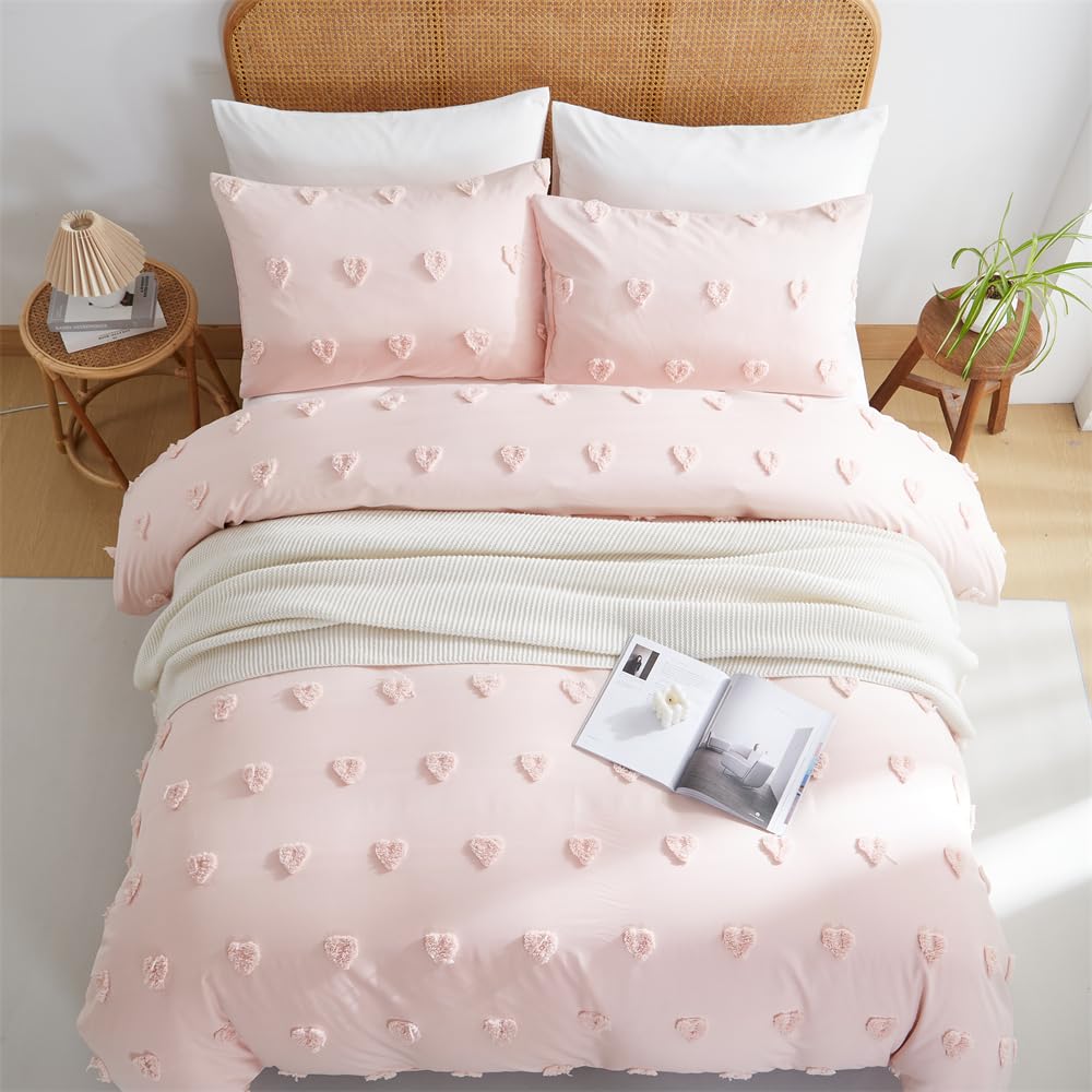 Freyamy Bohemian bedding set 135x200cm 2-piece Pink Tufted Heart Boho bedding Embroidery Shabby Chic bedding sets Microfiber Soft duvet cover with zipper and pillowcase 80x80cm