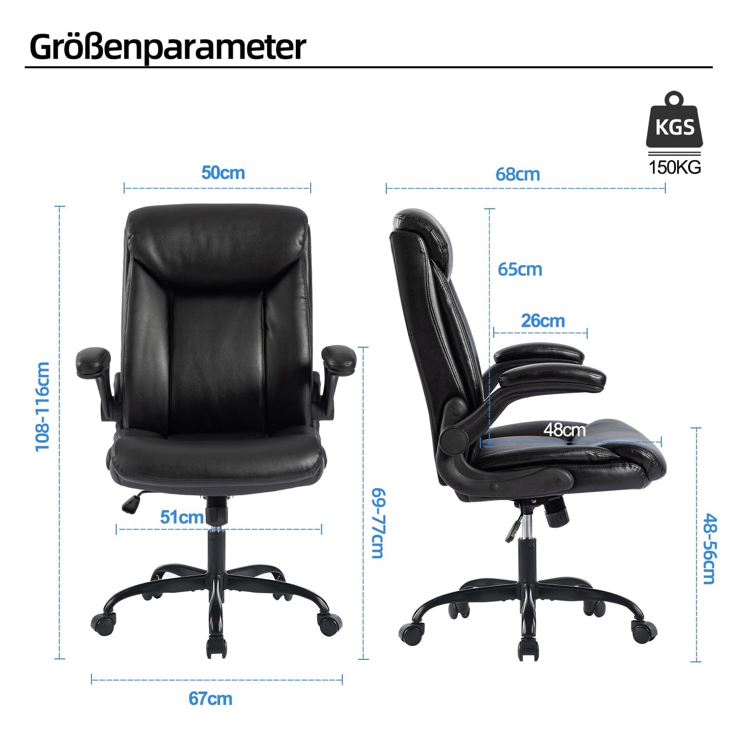 MZLEE Office Chair Ergonomic Desk Chair PU Leather Swivel Chair with Foldable Armrest, Height Adjustable, Comfortable for Office Home Gaming (Black)
