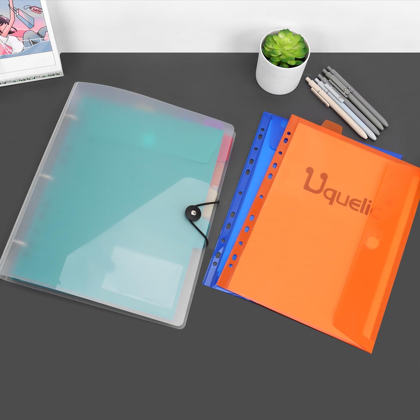 Uquelic A4 document folder for filing, A4 slim ring binder with 12 plastic document pockets (6 colors), Waterproof folder organizer - Transparent