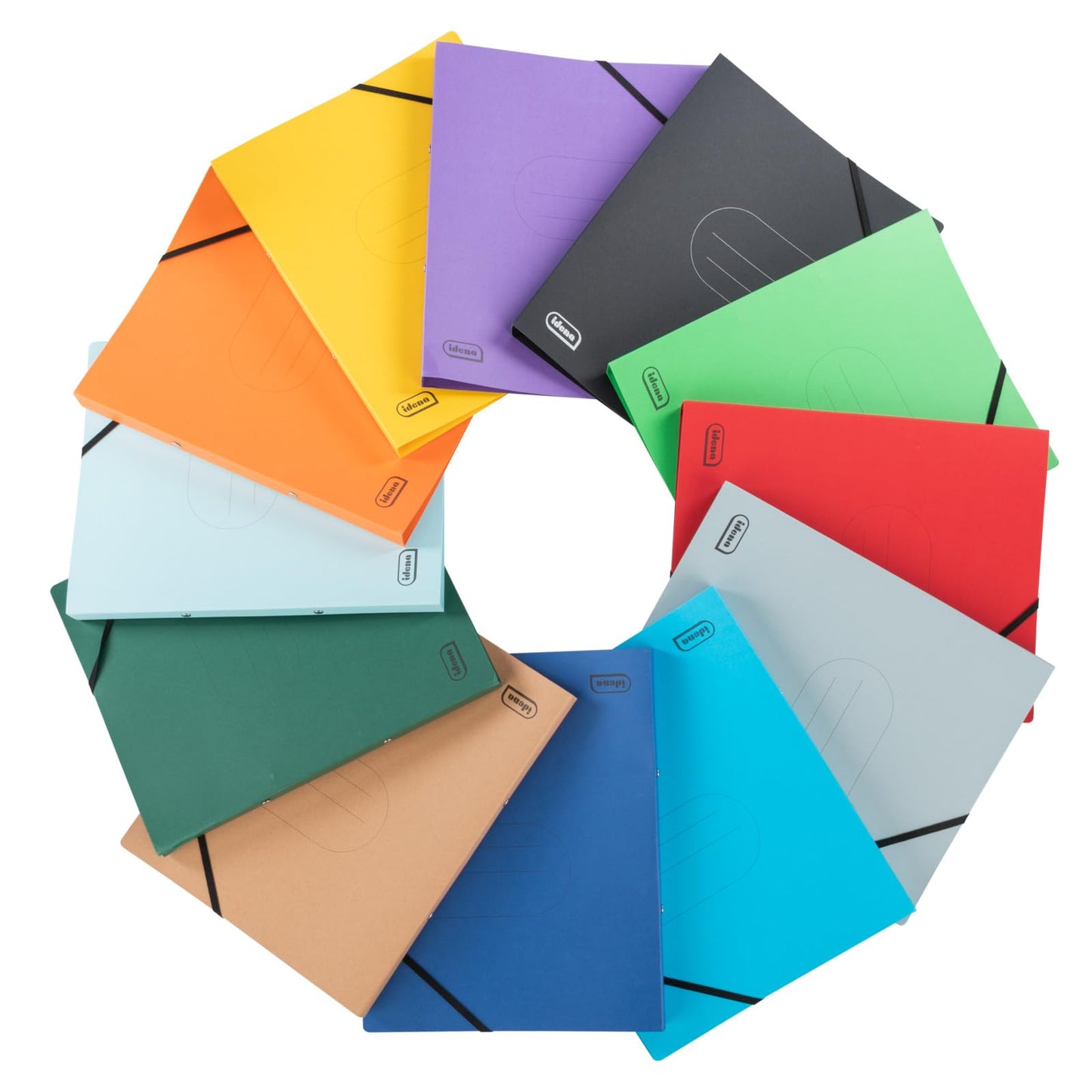 Idena 11097 - Eco cardboard ring binders in DIN A4 size, 12 colorful folders with 20mm spine width and 2-ring mechanism, diagonal rubber band.