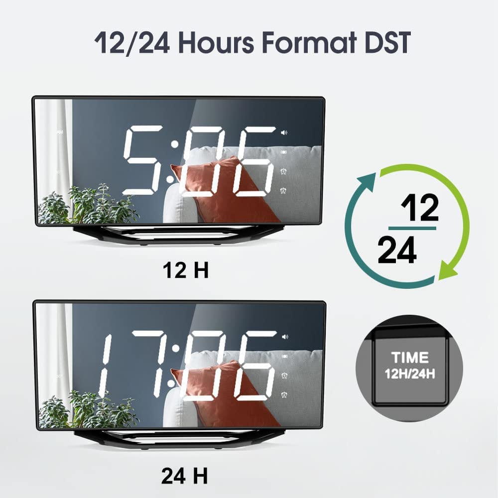 Loud alarm clock with bed shaker for heavy sleepers, digital dual alarm clock with vibration, 8.7'' LED mirror alarm clock for kids, teens, 7 volume levels and dimmer, battery backup, snooze, 12/24H-DST.