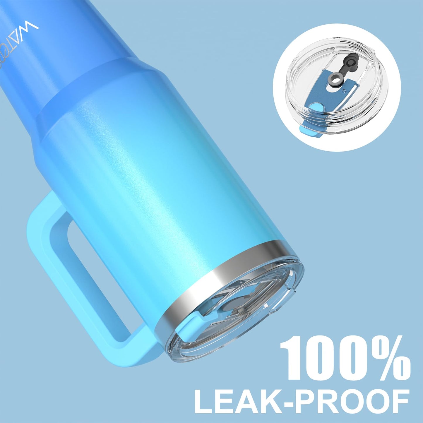 WATERSY 30oz Coffee Cup to Go, Double-Walled Stainless Steel Vacuum Insulated Leak-Proof Travel Mug with Handle and Straw, Thermo Tumbler Deux Shiny Blue