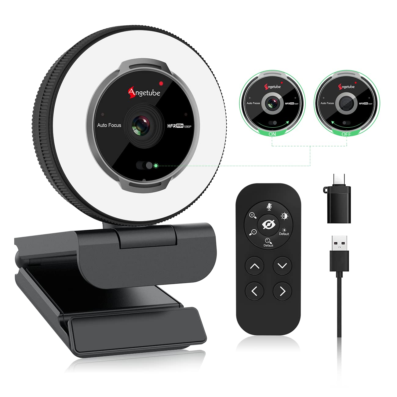 Angetube 60FPS 1080P webcam with ring light - PC camera with 5X digital zoom and remote control, built-in dual noise-canceling microphones and privacy cover, for PC, computer, laptop, Mac, desktop.