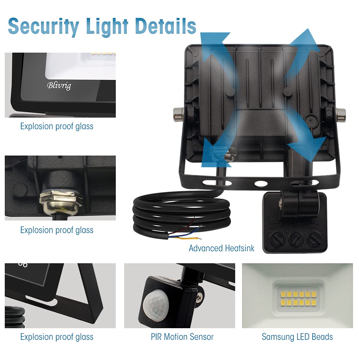 LED floodlights with motion detector 30W 2 pieces, 3000 lumens outdoor light, 6000K cool white LED floodlight with motion detector, outdoor floodlight IP66 waterproof, outdoor lamp for garden, yards, garage, driveway
