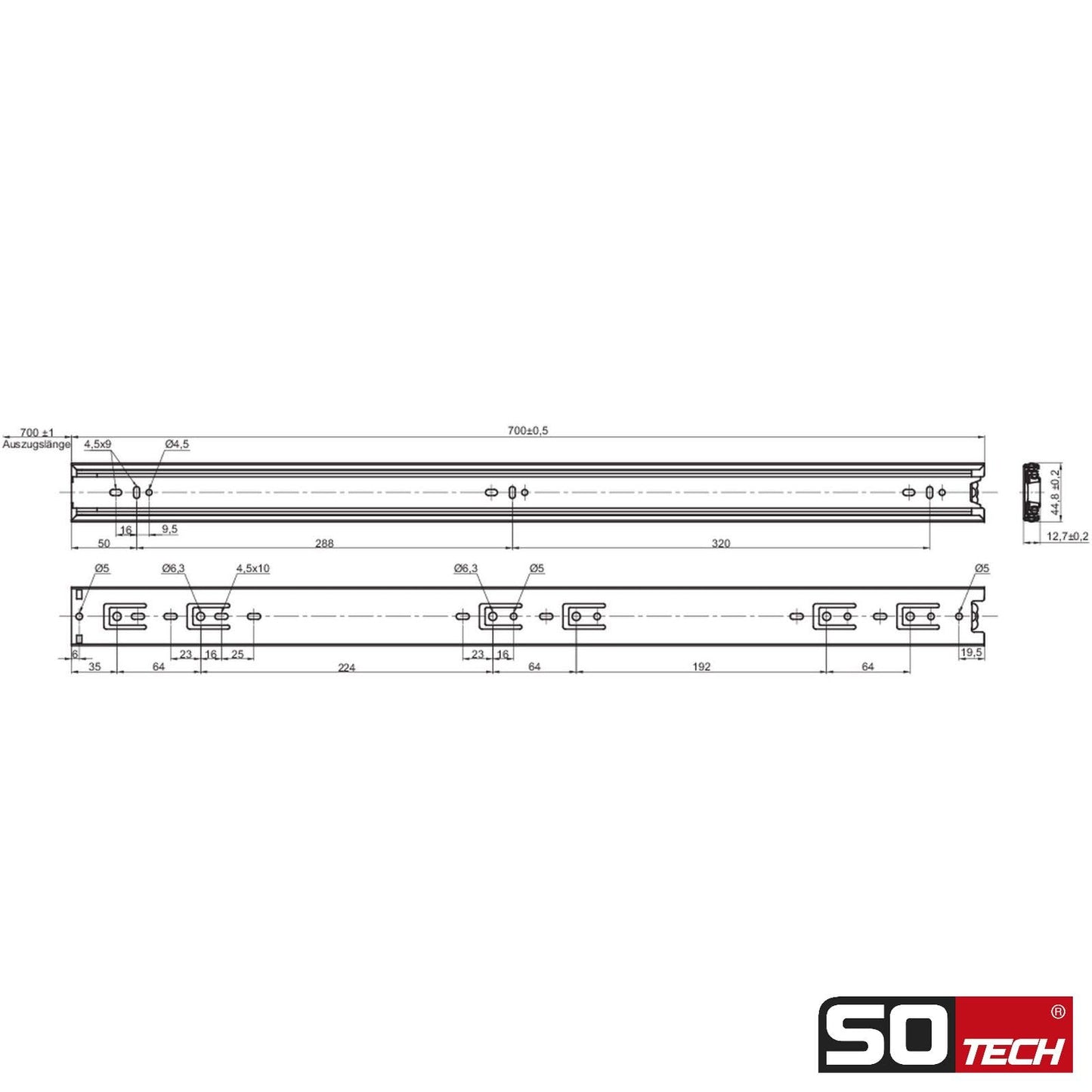 SOTECH 4 pairs (8 pieces) full extension KV1-45-H45-L700-NF 700 mm (closed) ball bearing slides load capacity 45 kg
