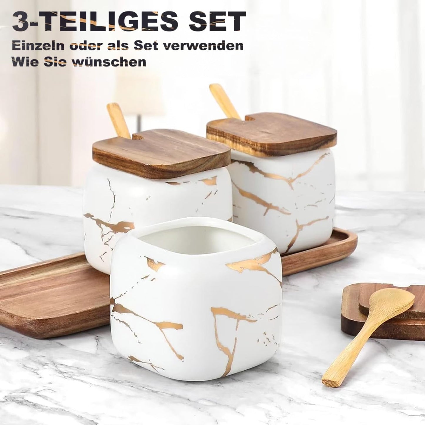 TELANKS 3-piece set includes ceramic sugar bowl with lid and spoon, spice jars with spoon, and salt cellar with lid. Perfect for home and kitchen.