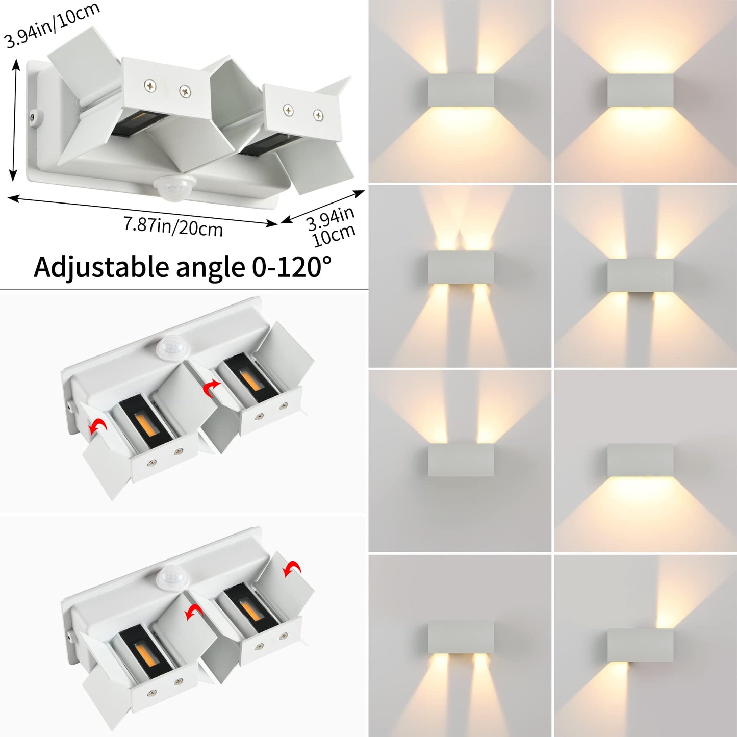 LED wall light for indoor/outdoor use with motion sensor, 24W wall lamp, IP65 waterproof outdoor wall light 3000K warm white wall lighting, modern outdoor light with adjustable up-down beam angle, white