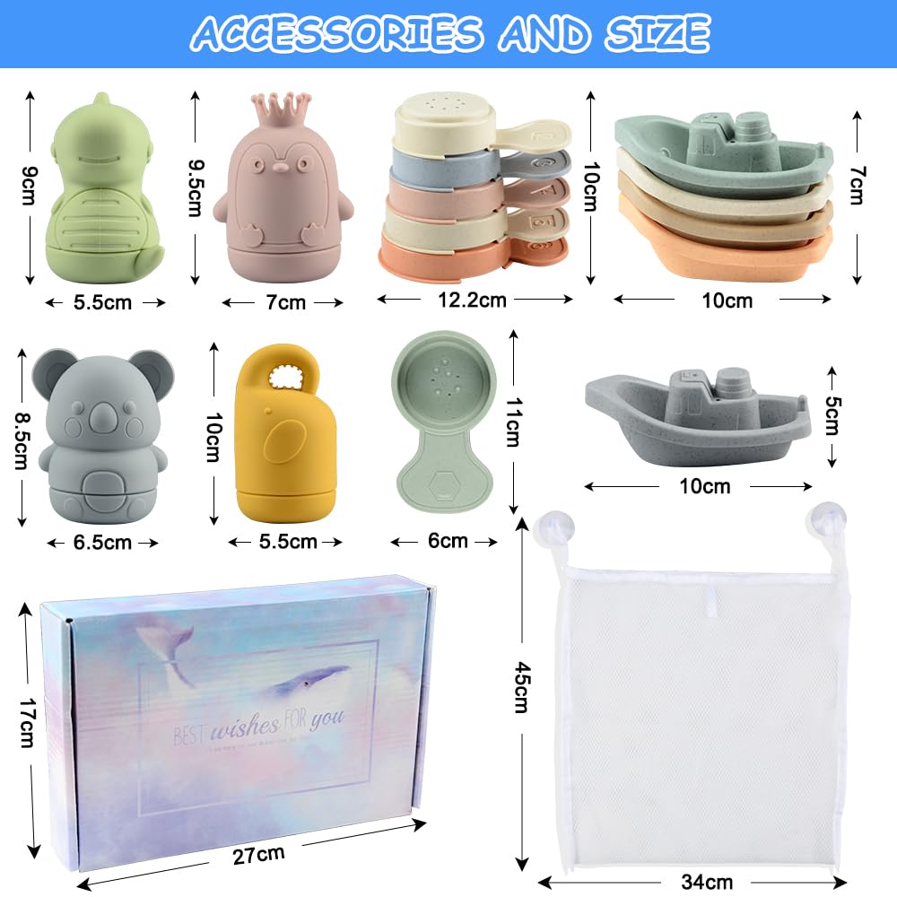 BIQIQI Baby Bath Toys, 15 Pieces Bathtub Toy Baby Silicone Water Toys Kids with Spray Animals Boats Bath Spoons, Floating Swimming Pool Bath Tub Pool Bath Toy for Toddlers