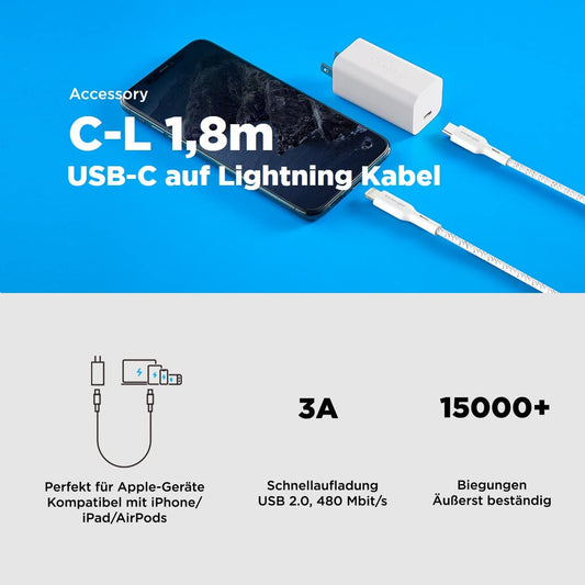 Innergie C-L 1.8m USB-C to Lightning Cable Apple Mfi certified 3A fast charging cable 480Mbps data transfer for iPhone, iPad, AirPods (Nylon braided White) Delta Electronics