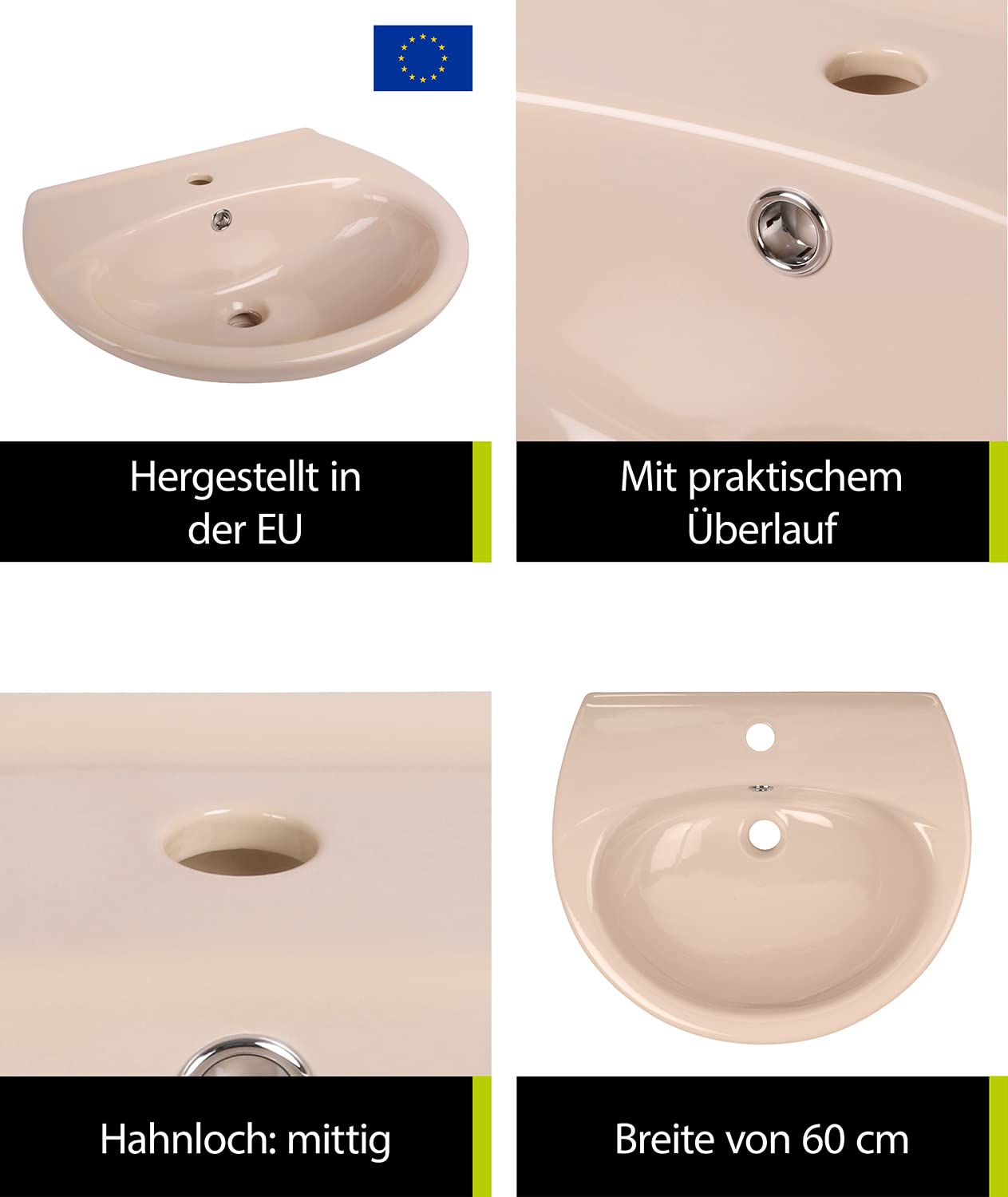 aquaSu® Washbasin 60 cm | Semi-circular ceramic sink | Bathroom color Bahmababeige | Width 60 cm | Depth 50 cm | Basin with overflow protection | Nostalgic bathroom | 56132 7