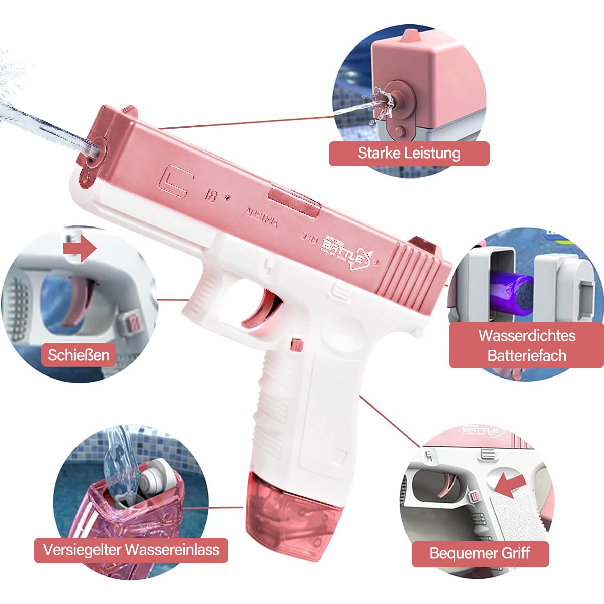 Maxee Electric Water Gun, Pistol with a range of 25-32 ft, One-Button Automatic Water Toy Pistol for Kids and Adults, Pool Party Beach Outdoor, Pink Color