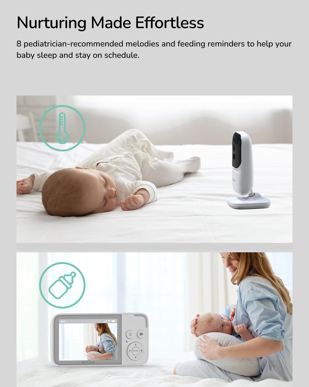 Dr.Care NeoView baby monitor with camera, 3.5" screen, video recording, 2-way audio, loop recording, night vision, VOX, temperature sensor, lullabies, no Wi-Fi, supports up to 128GB.