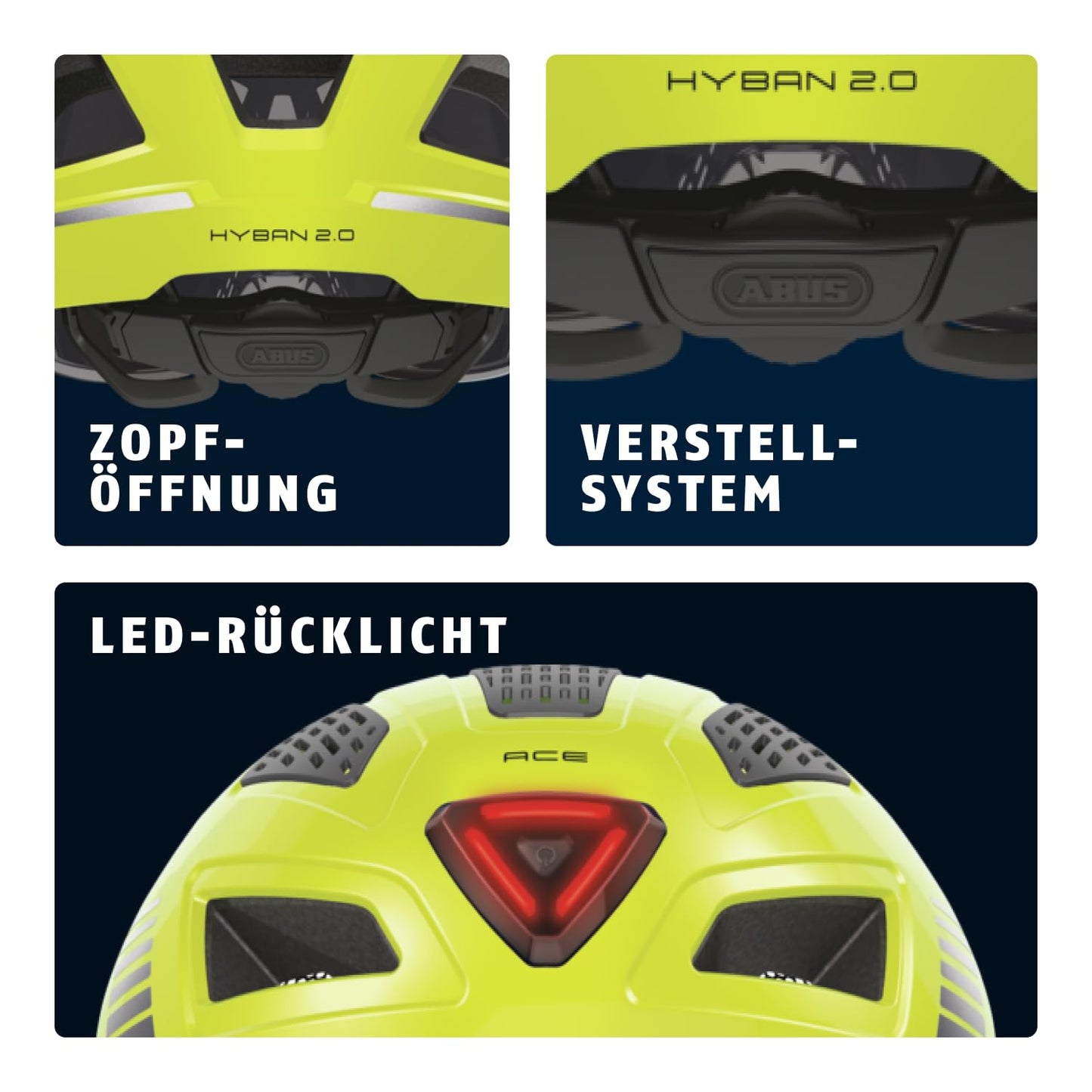 ABUS Urban Helmet Hyban 2.0 ACE - Bike helmet with visor, light, and ABS hard shell - for men and women - Yellow, size M, M (52-58 cm)