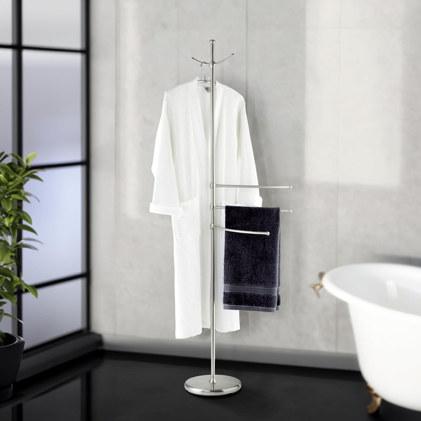 WENKO towel rack model Adiamo with adjustable arms and 2 hooks, coat stand made of brushed steel, 28 x 170 x 28 cm.