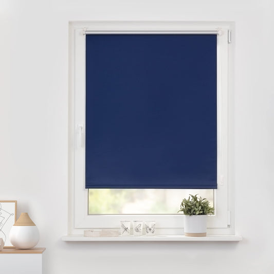 Light-filtering roller blind without drilling, clamp fixing, blackout blind, heat protection, privacy screen, wall mounting, ceiling mounting, blind for windows and doors Blue, W95 x H150 cm.