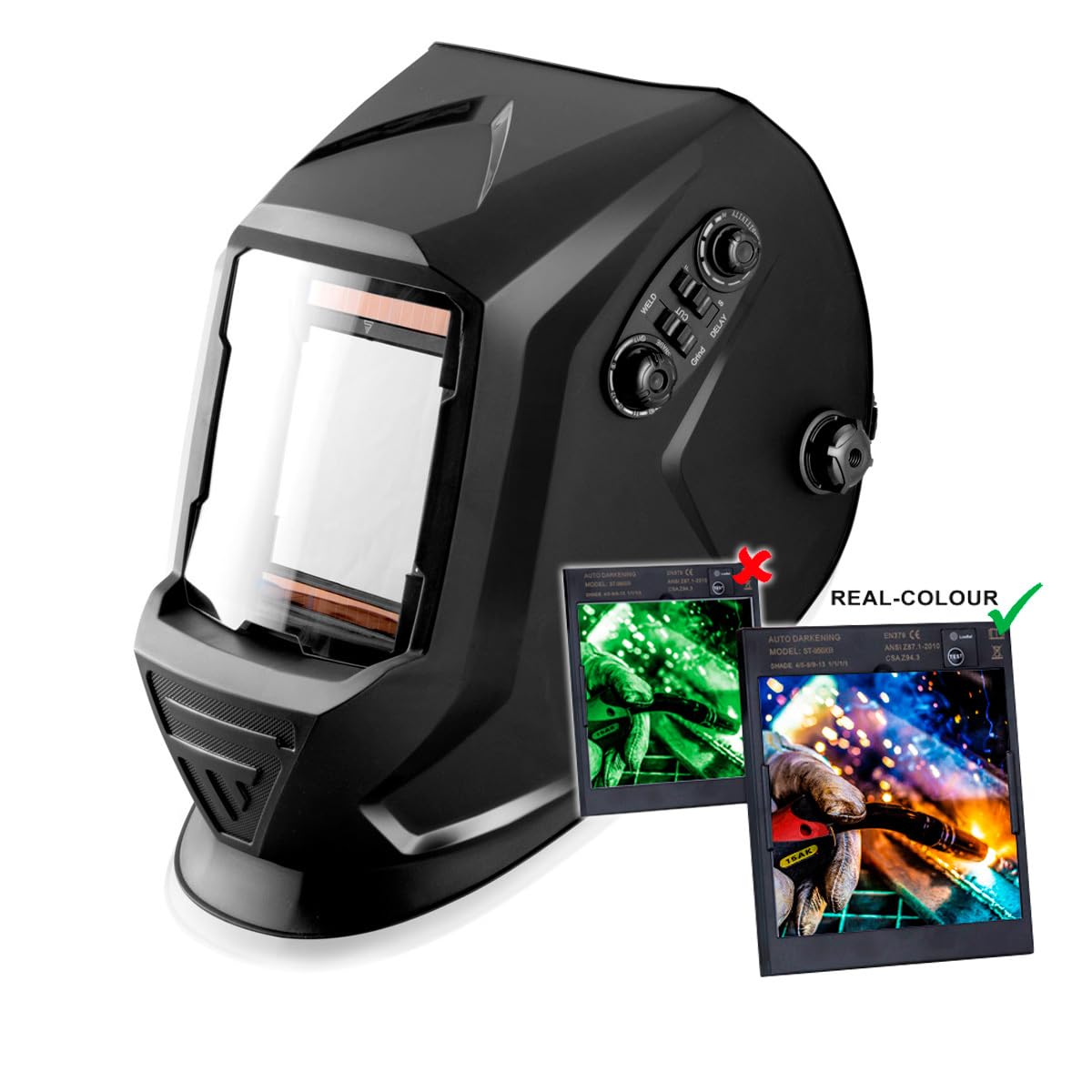 STEELWORKS ST-990 XTC REAL Colour fully automatic welding helmet Welding mask Real Color, Optical Class 1/1/1/1 with extra large field of view including 5 spare lenses and bag.