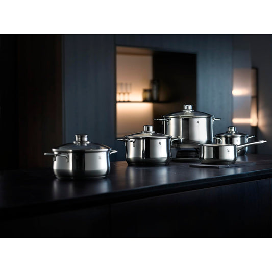 WMF Diadem Plus 5-piece Induction Cookware Set with glass lids, polished Cromargan stainless steel, induction pots set without coating.