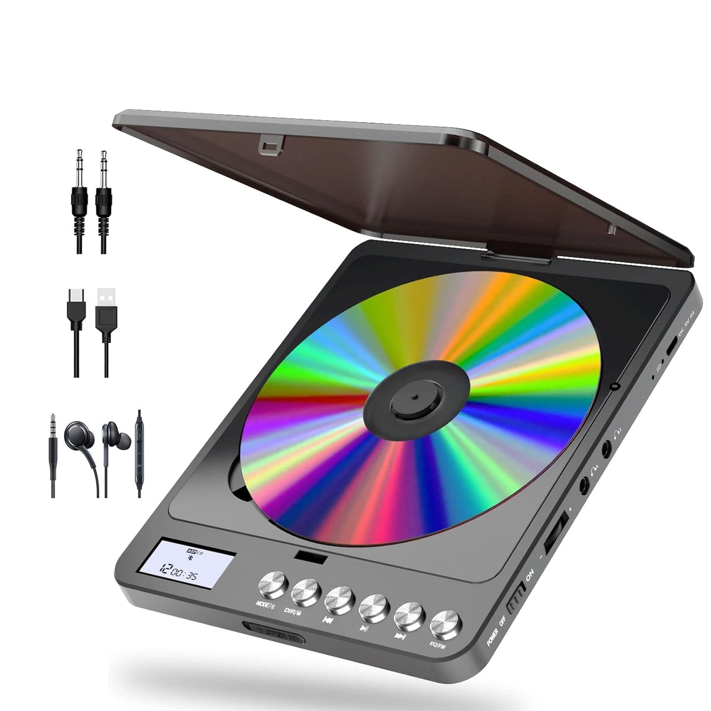 Portable CD player with Bluetooth and headphones, rechargeable CD player with speaker and FM transmitter. 2000mAh lithium battery, portable Discman CD player for adults, students, and children.