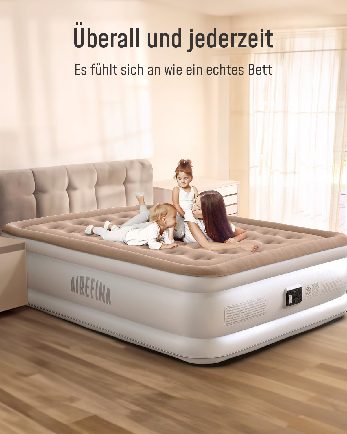 Airefina self-inflating air mattress with integrated pump, premium guest bed, fast inflation in 3 minutes, inflatable mattress for camping home use - 203 x 152 x 40 cm.